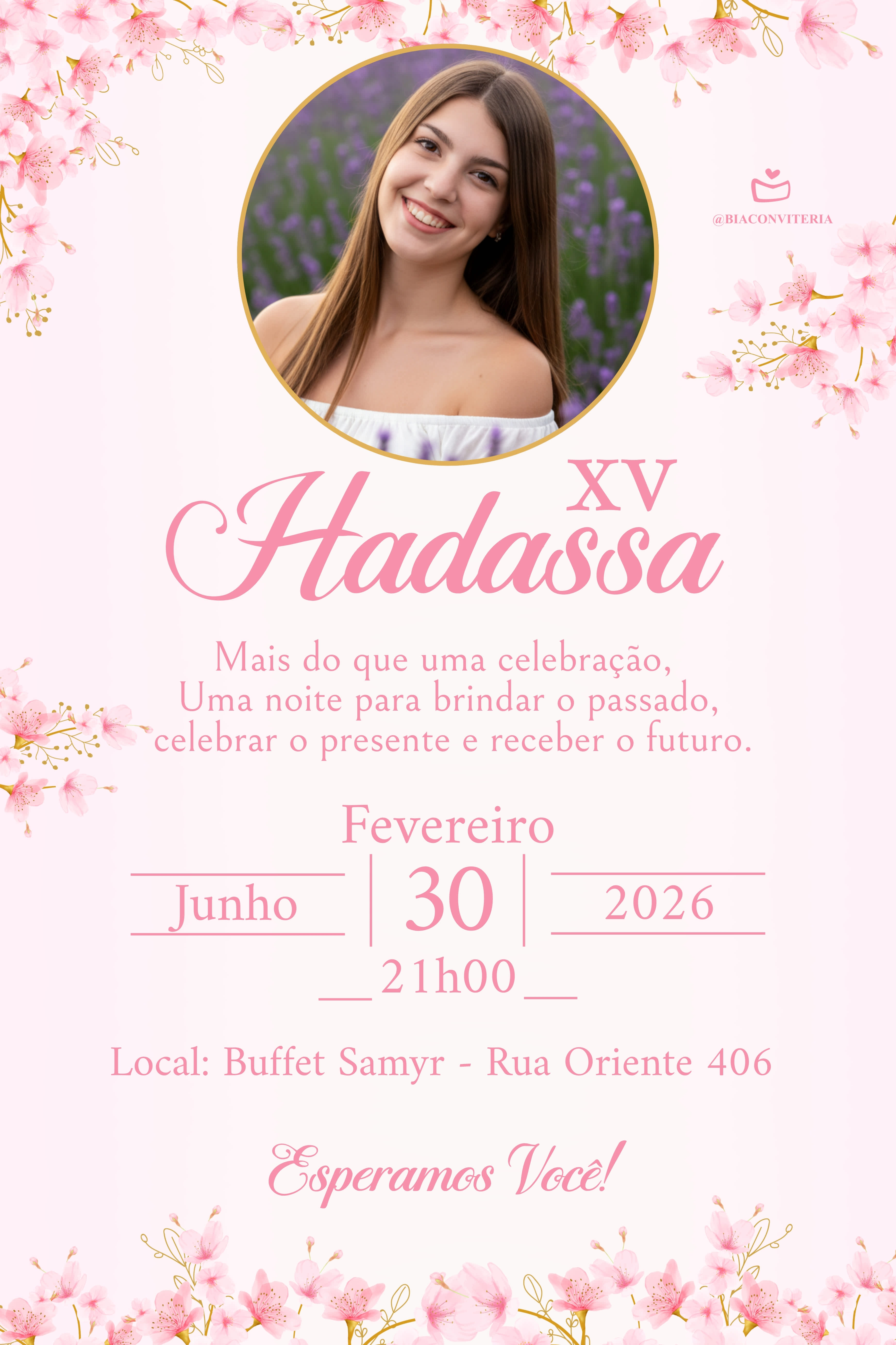 Convite Tradicional - 15 Anos flores rosa claro 